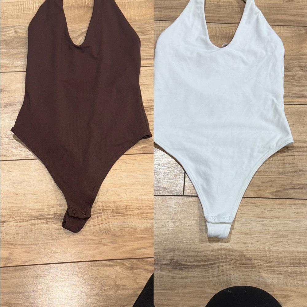 Aritzia Halter Bodysuit in Brown and White